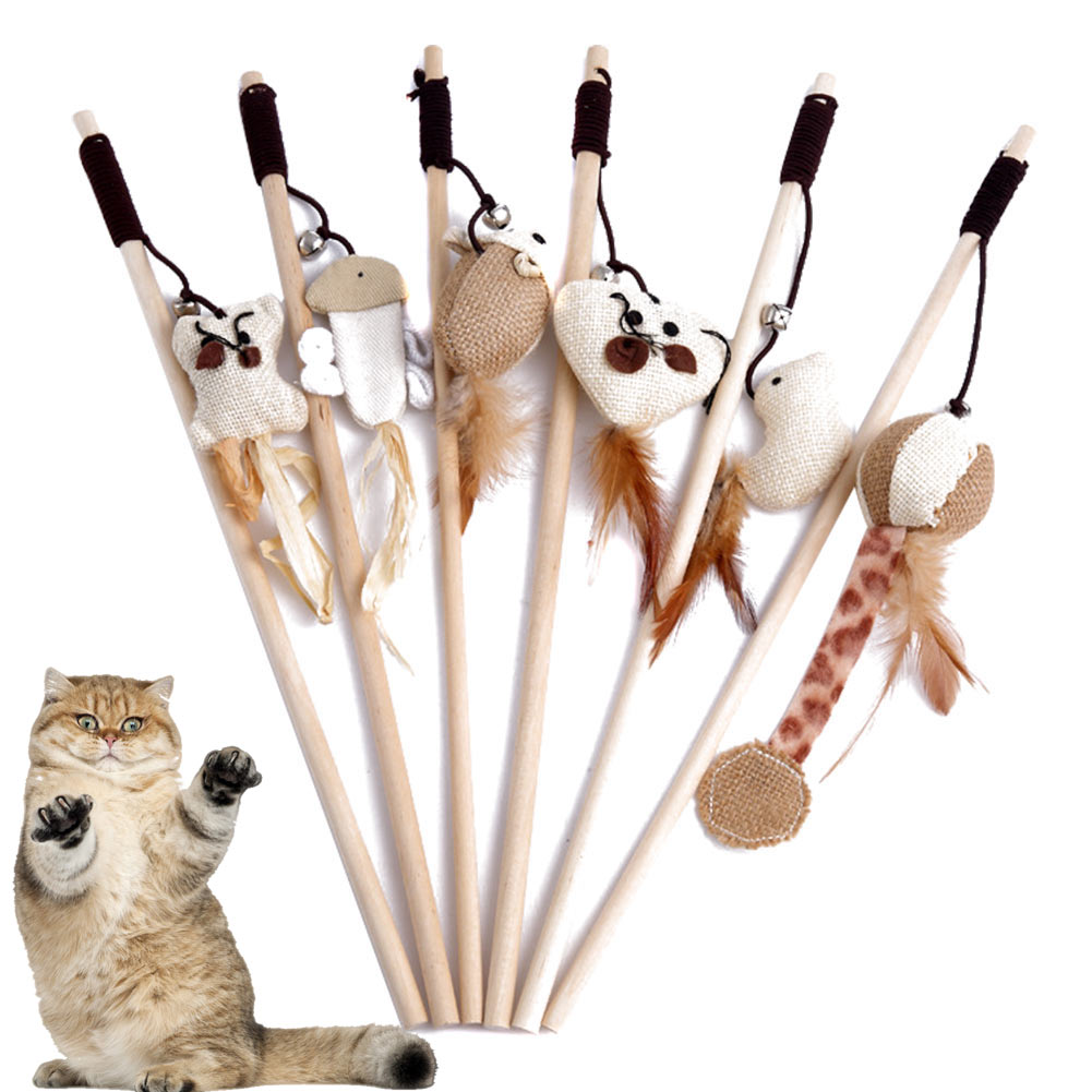 40cm Pet Cat Teaser Toys Feather Linen Wand Cat Catcher Teaser Stick Cat Interactive Toys Wood Rod Mouse Toy With Mini Bell