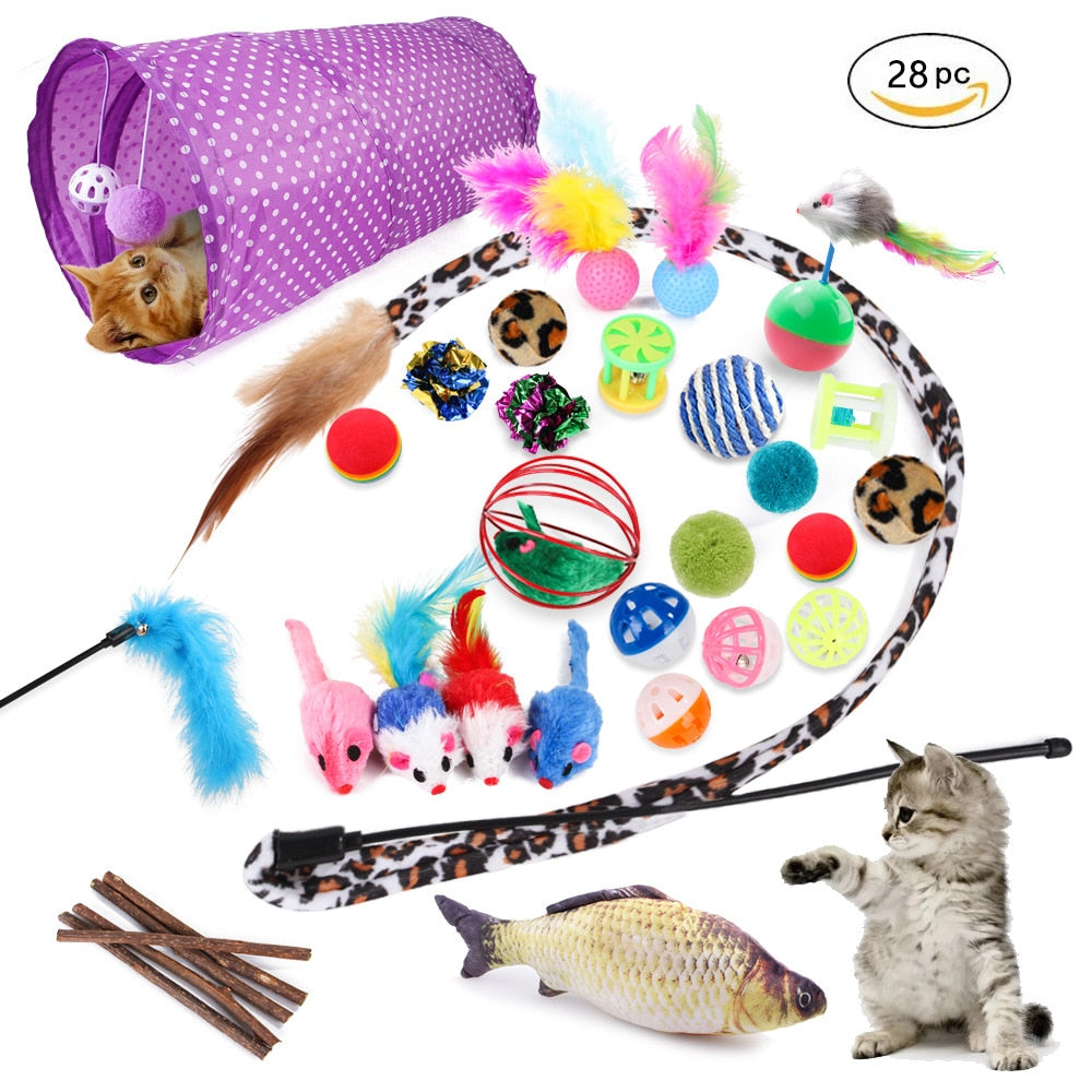 1/21/28pcs Cat Toys Set Foldable Cat Tunnel Funny Play Cat Stick Bell Ball Feather Toy Assorted Interactive Toys For Cats Kitten